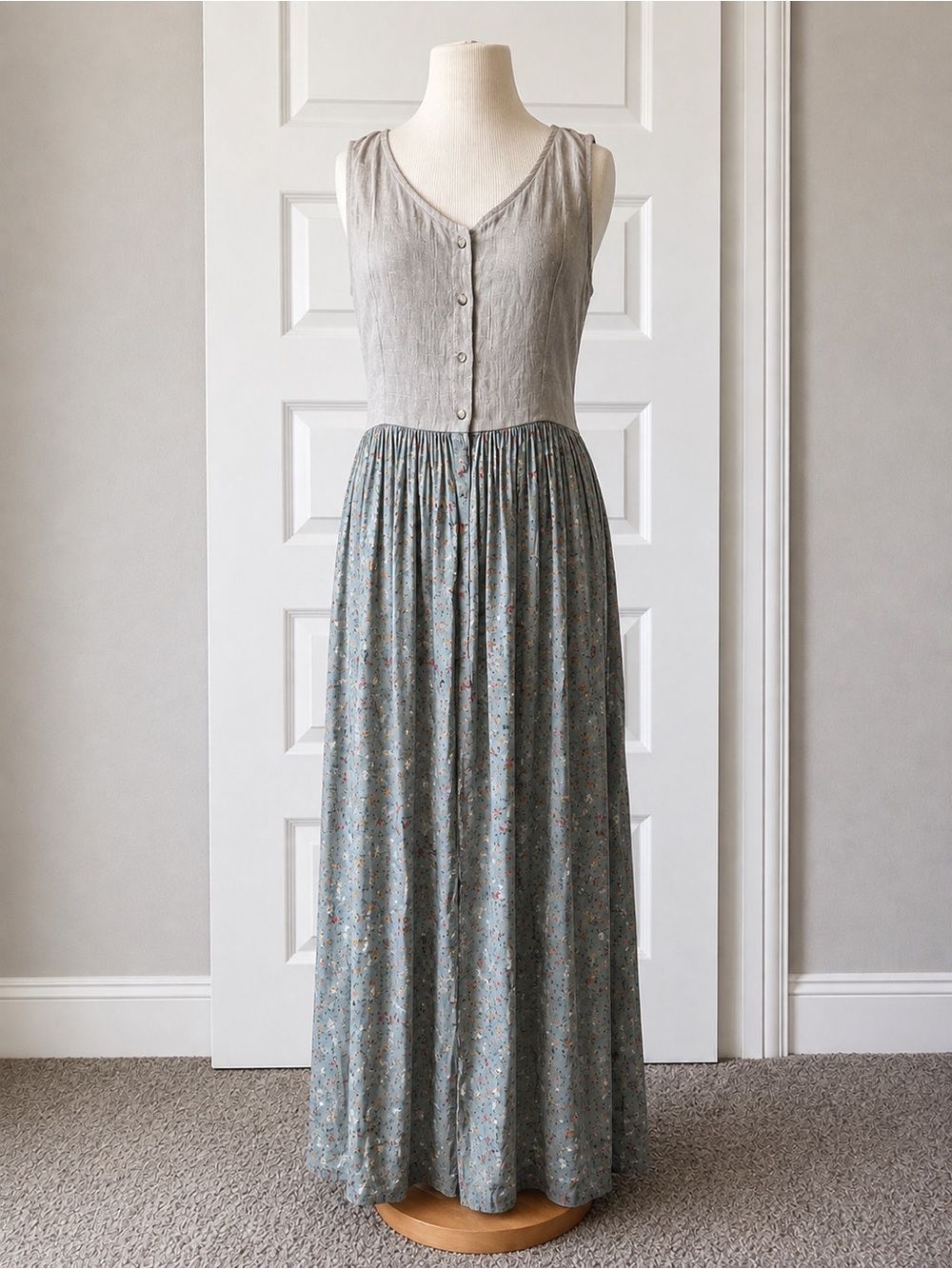 Vintage Central Falls Linen Rayon Floral Button Front Maxi Dress Size L